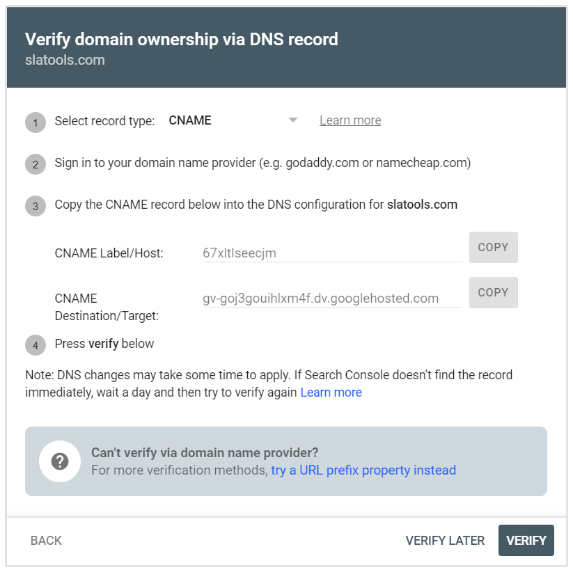 Verificación de registro Cname en Google Search Console